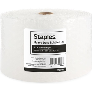 image:imageStaples HeavyDuty Bubble Cushioning Roll 12 Large Bubble 12 x 65 HighImpact Protection for Fragile Shipping Items