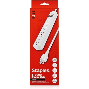 image:imageStaples TECH 6Outlet Power Strip  3 ft Extension Cord for Home Office amp Dorm Room Use White 3Pack3 Pack