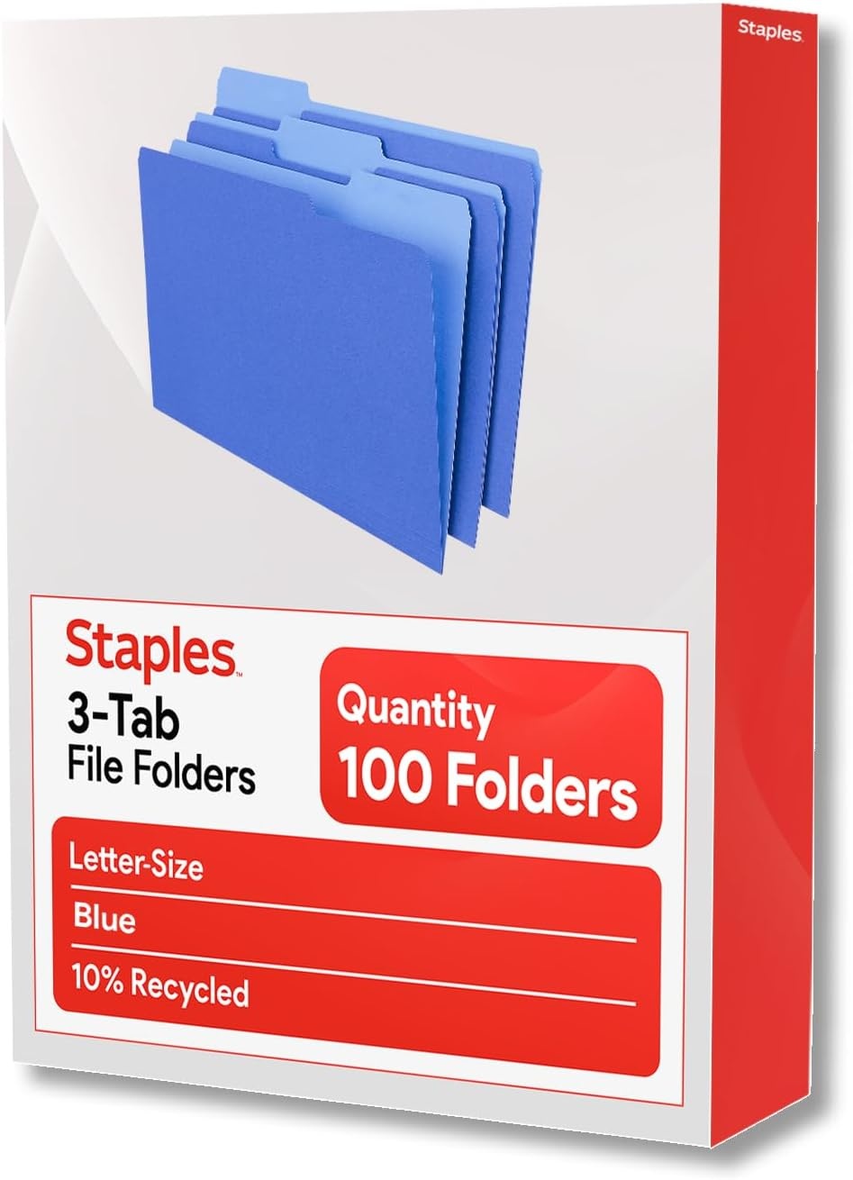image:imageStaples File Folders Letter Size 13Cut Tabs Assorted Colors Durable 105Point Paper Stock 100PackBlue
