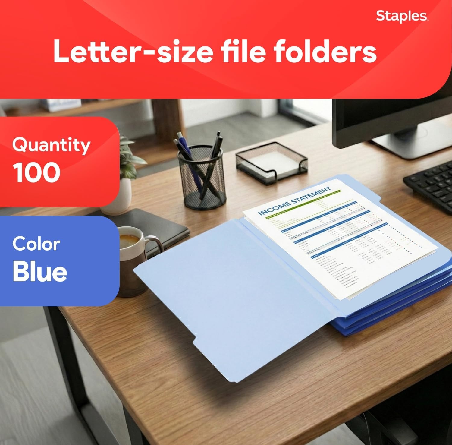 image:imageStaples File Folders Letter Size 13Cut Tabs Assorted Colors Durable 105Point Paper Stock 100PackBlue