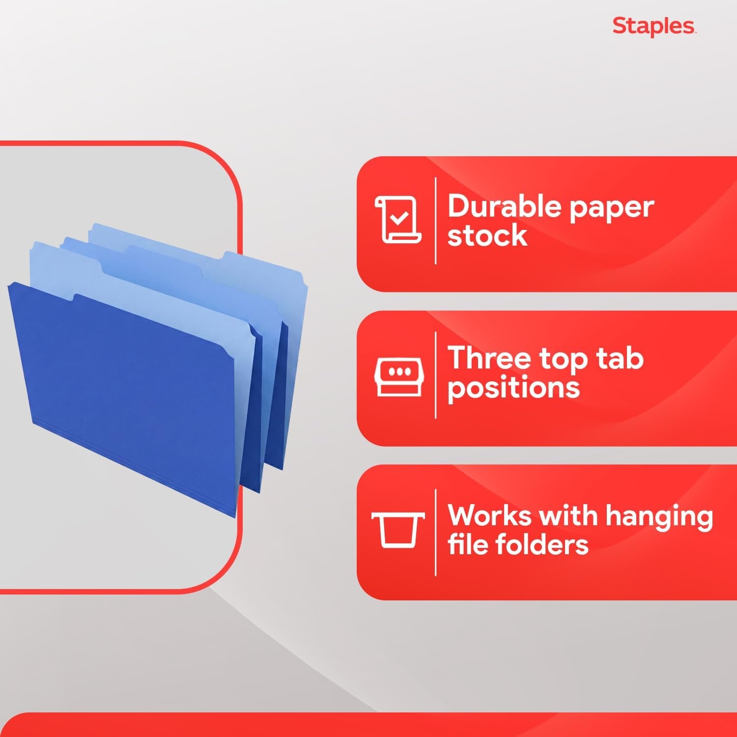 image:imageStaples File Folders Letter Size 13Cut Tabs Assorted Colors Durable 105Point Paper Stock 100PackBlue