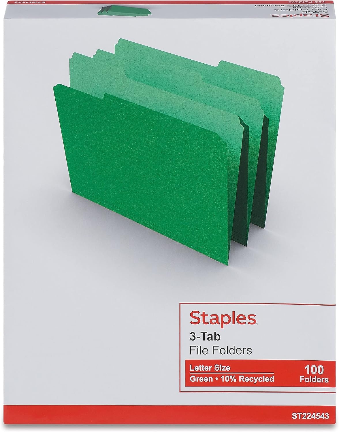 image:imageStaples File Folders Letter Size 13Cut Tabs Assorted Colors Durable 105Point Paper Stock 100PackGreen