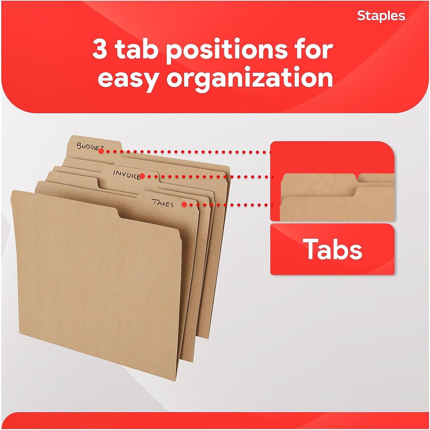 image:imageStaples File Folders Letter Size 13Cut Tabs Assorted Colors Durable 105Point Paper Stock 100PackKraft