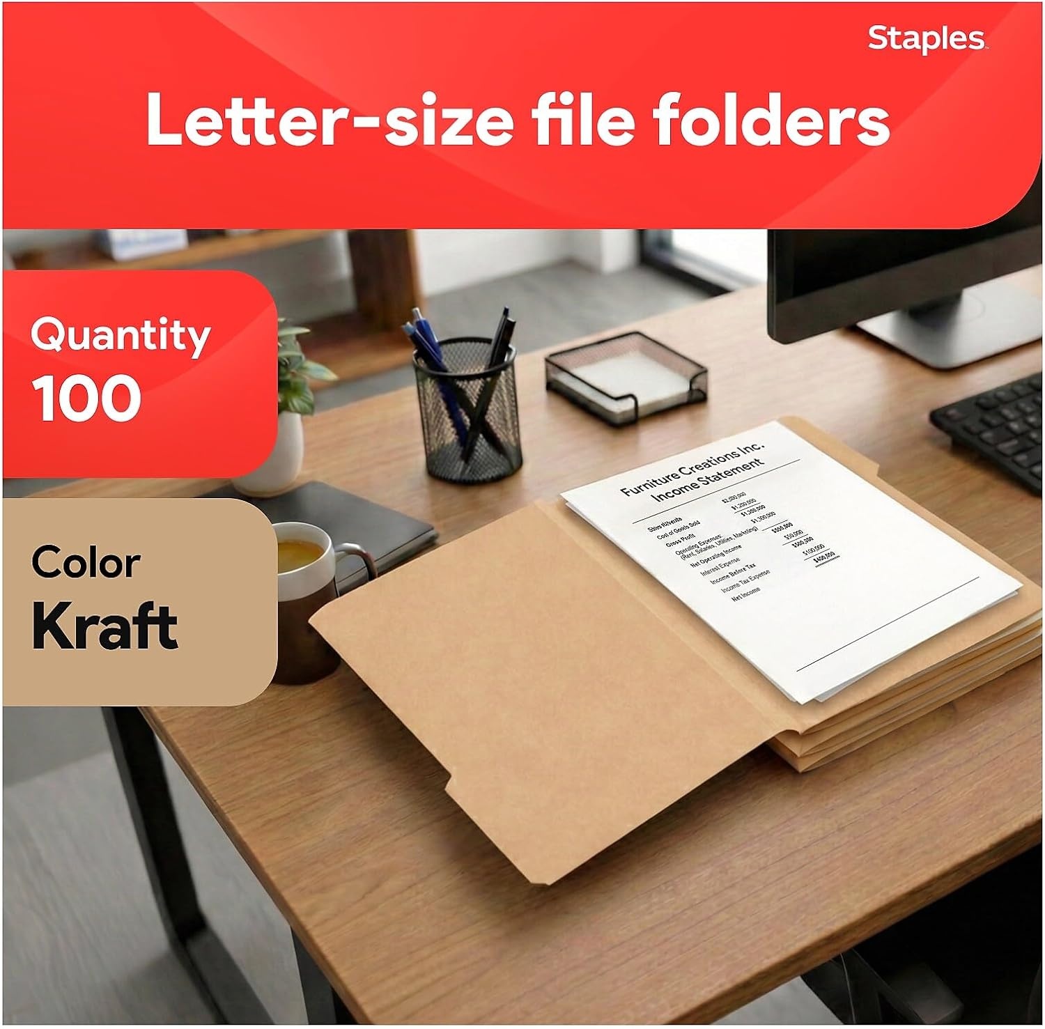 image:imageStaples File Folders Letter Size 13Cut Tabs Assorted Colors Durable 105Point Paper Stock 100PackKraft