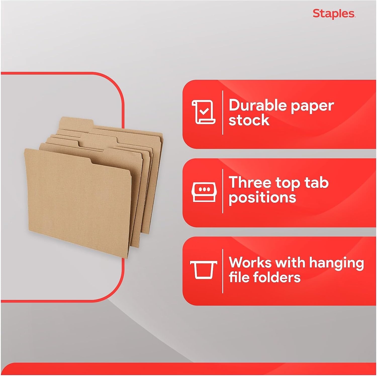 image:imageStaples File Folders Letter Size 13Cut Tabs Assorted Colors Durable 105Point Paper Stock 100PackKraft