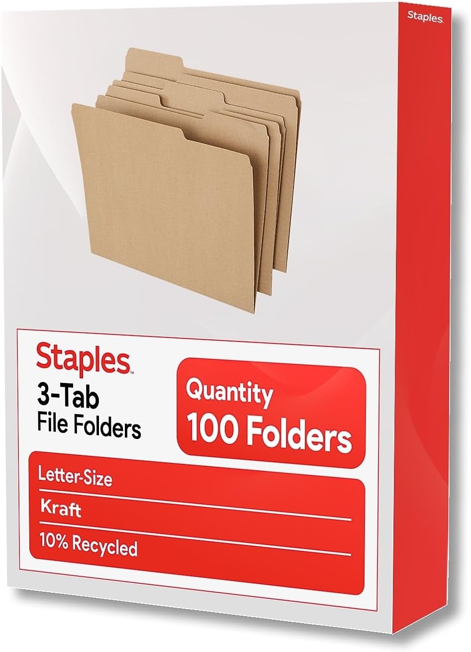 image:imageStaples File Folders Letter Size 13Cut Tabs Assorted Colors Durable 105Point Paper Stock 100PackKraft