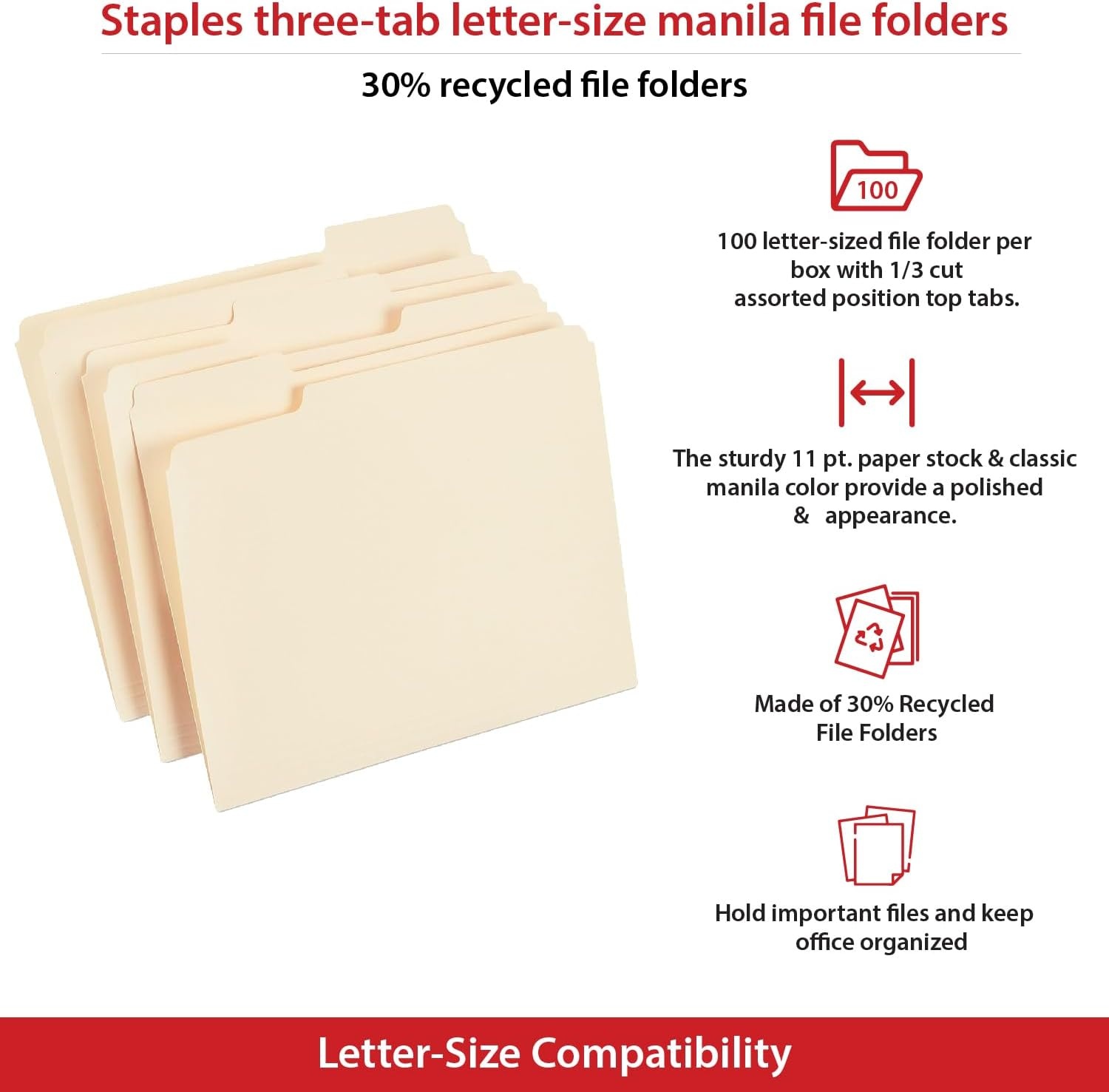 image:imageStaples File Folders Letter Size 13Cut Tabs Assorted Colors Durable 105Point Paper Stock 100PackManila