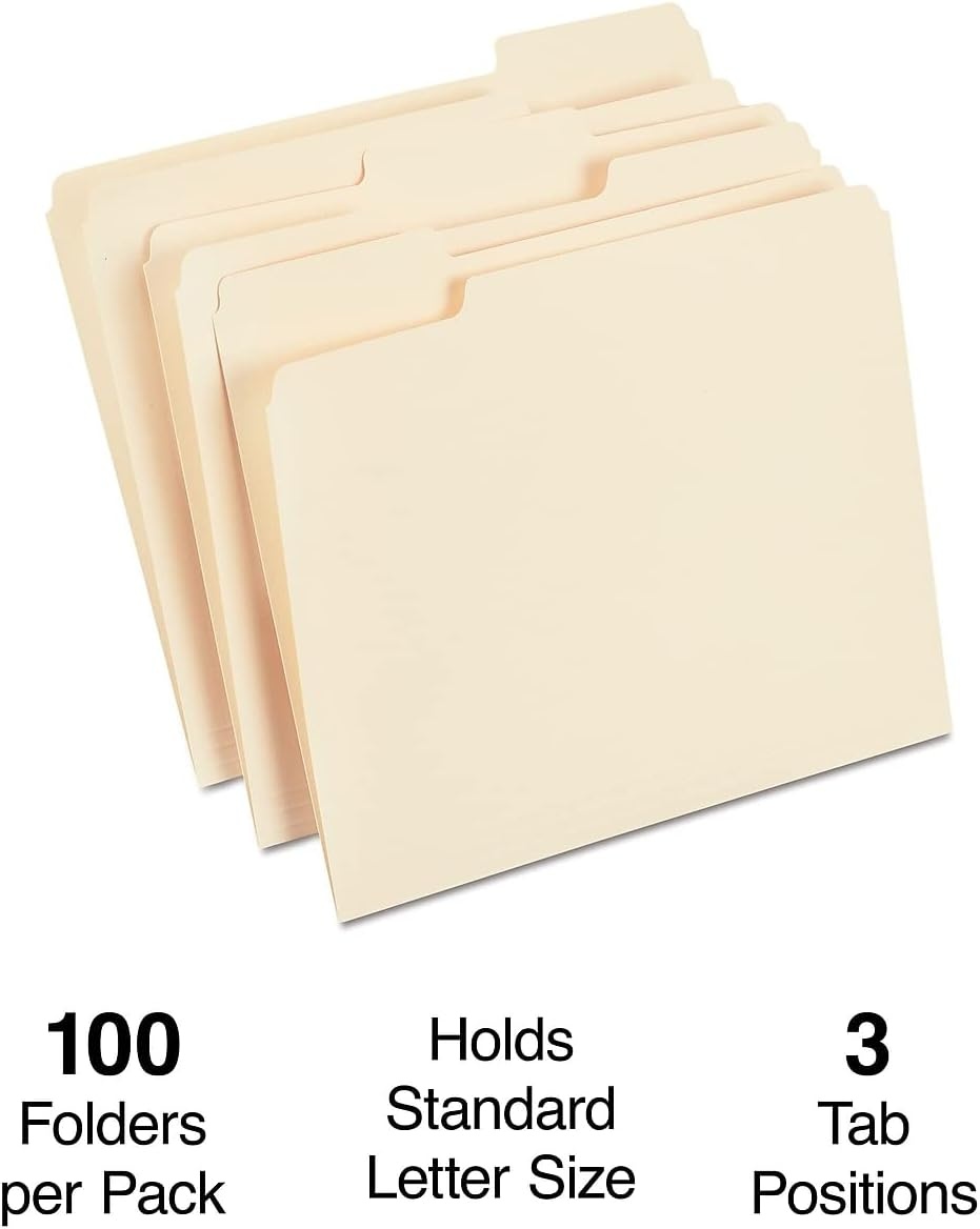 image:imageStaples File Folders Letter Size 13Cut Tabs Assorted Colors Durable 105Point Paper Stock 100PackManila