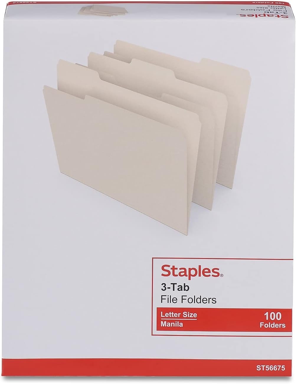 image:imageStaples File Folders Letter Size 13Cut Tabs Assorted Colors Durable 105Point Paper Stock 100PackManila