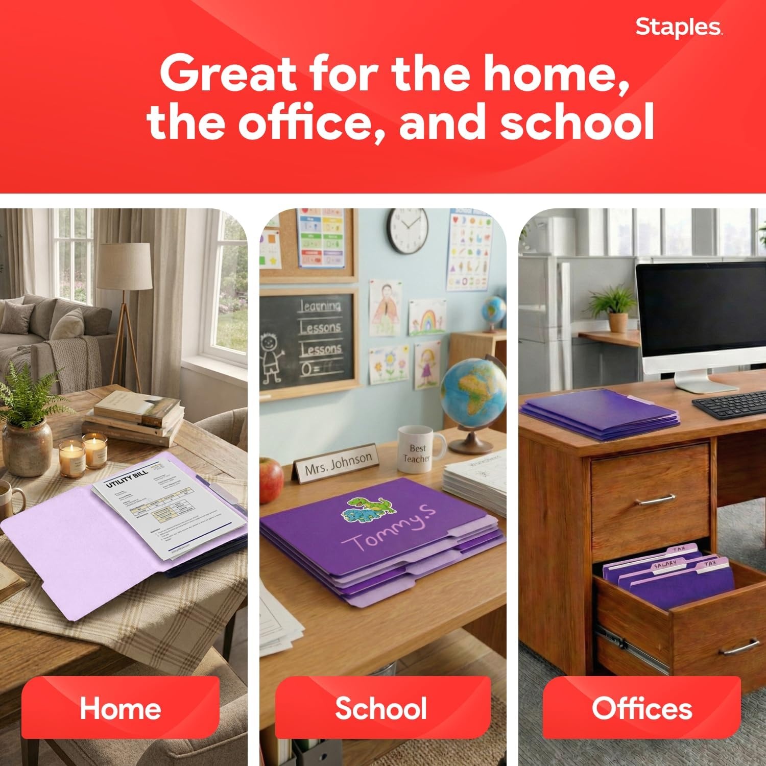 image:imageStaples File Folders Letter Size 13Cut Tabs Assorted Colors Durable 105Point Paper Stock 100PackPurple