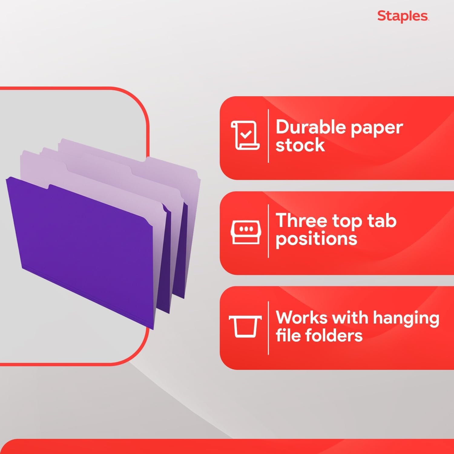 image:imageStaples File Folders Letter Size 13Cut Tabs Assorted Colors Durable 105Point Paper Stock 100PackPurple