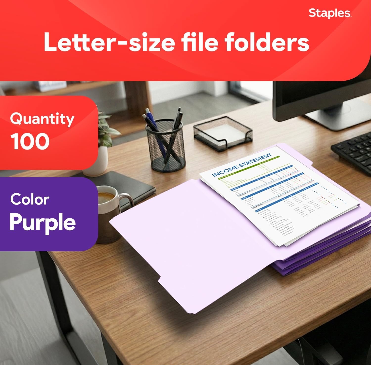image:imageStaples File Folders Letter Size 13Cut Tabs Assorted Colors Durable 105Point Paper Stock 100PackPurple