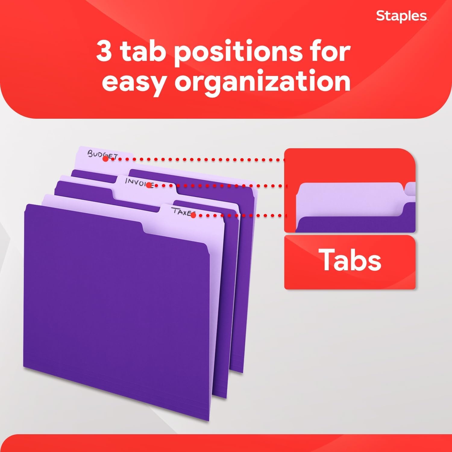 image:imageStaples File Folders Letter Size 13Cut Tabs Assorted Colors Durable 105Point Paper Stock 100PackPurple