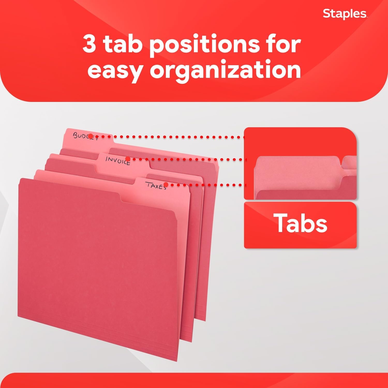 image:imageStaples File Folders Letter Size 13Cut Tabs Assorted Colors Durable 105Point Paper Stock 100PackRed