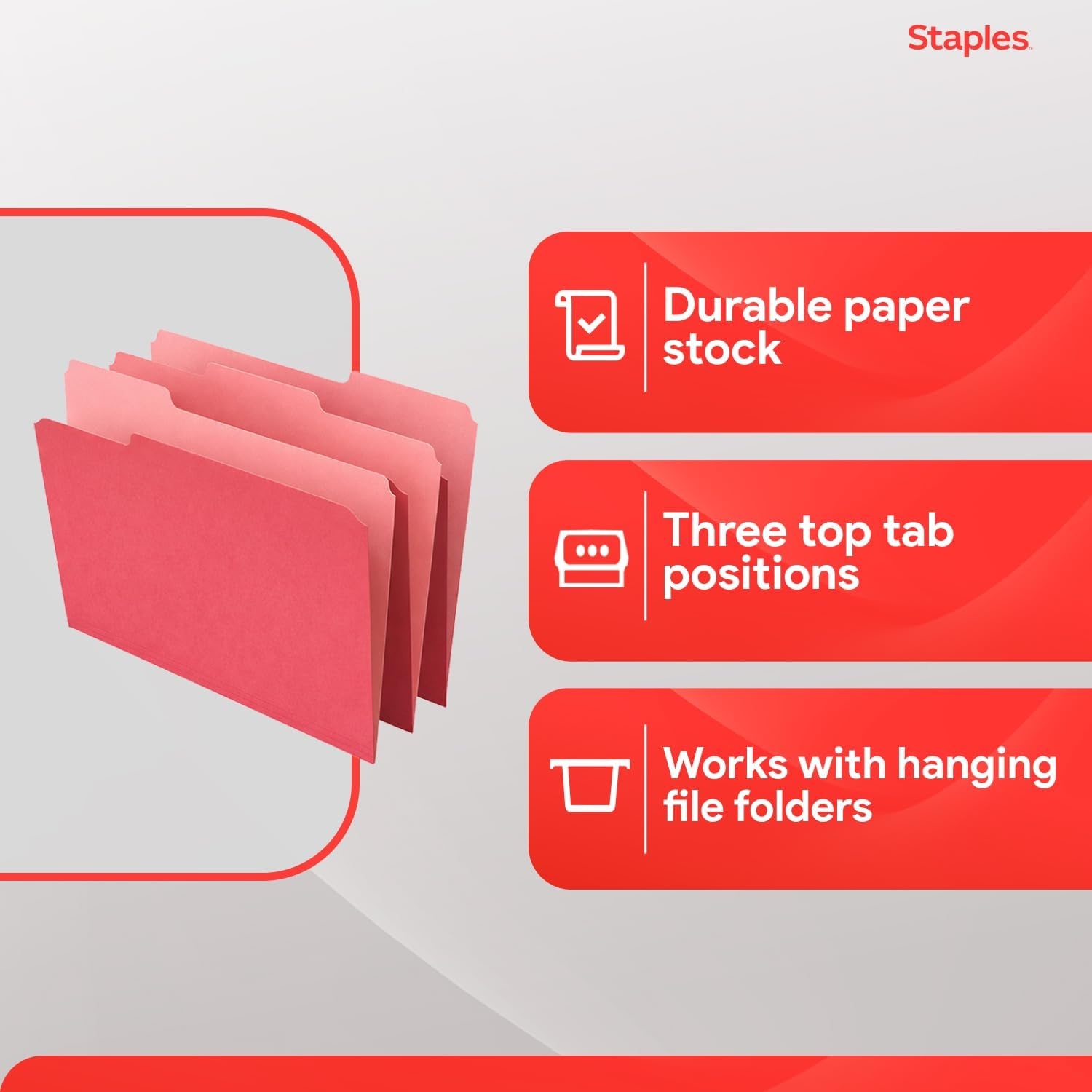 image:imageStaples File Folders Letter Size 13Cut Tabs Assorted Colors Durable 105Point Paper Stock 100PackRed