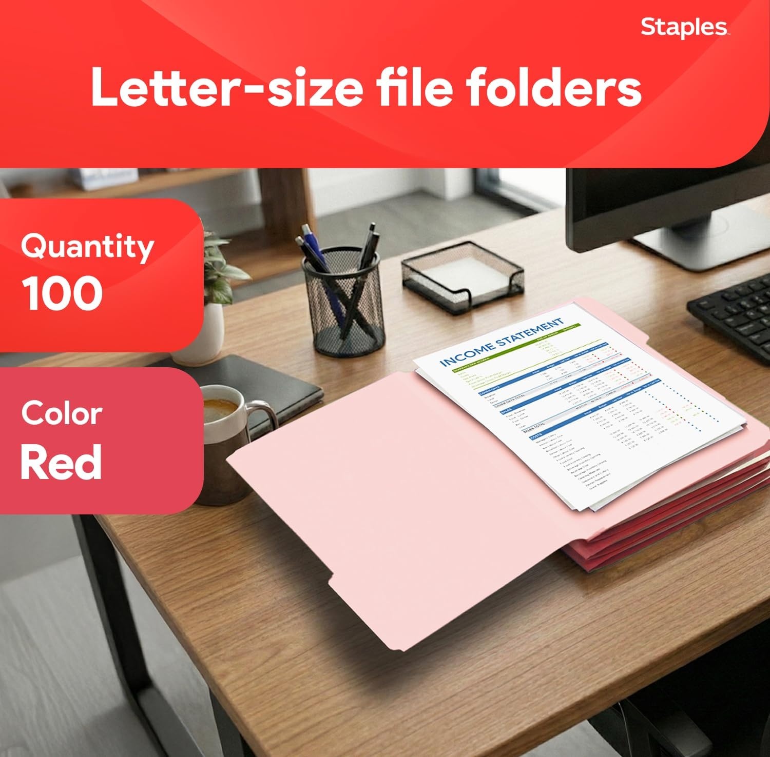 image:imageStaples File Folders Letter Size 13Cut Tabs Assorted Colors Durable 105Point Paper Stock 100PackRed