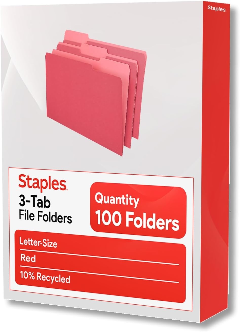 image:imageStaples File Folders Letter Size 13Cut Tabs Assorted Colors Durable 105Point Paper Stock 100PackRed