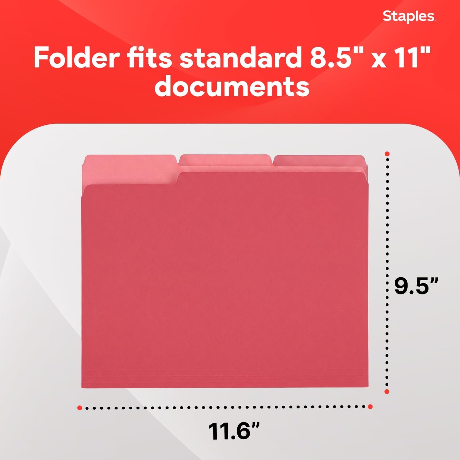 image:imageStaples File Folders Letter Size 13Cut Tabs Assorted Colors Durable 105Point Paper Stock 100PackRed