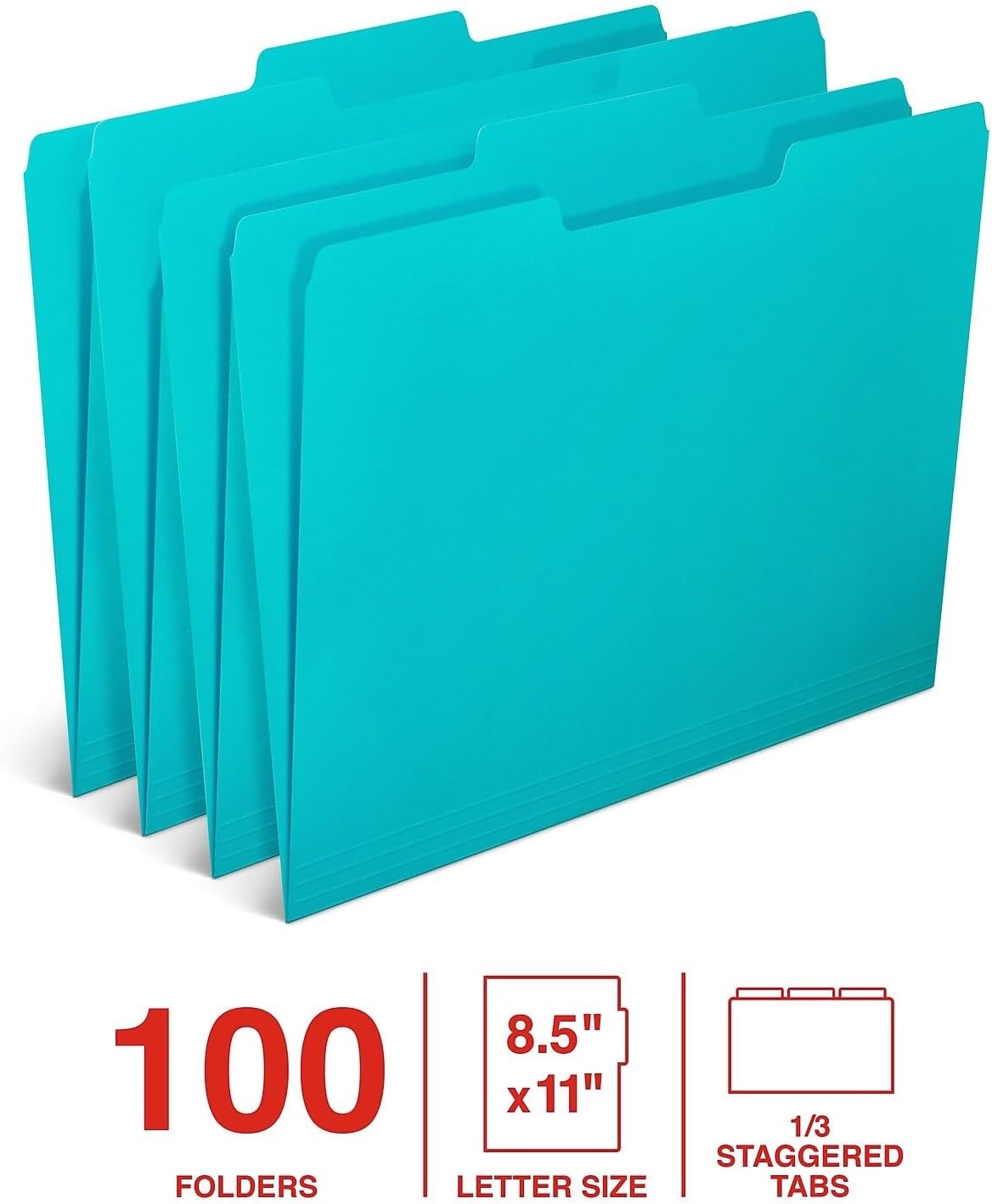image:imageStaples File Folders Letter Size 13Cut Tabs Assorted Colors Durable 105Point Paper Stock 100PackTeal