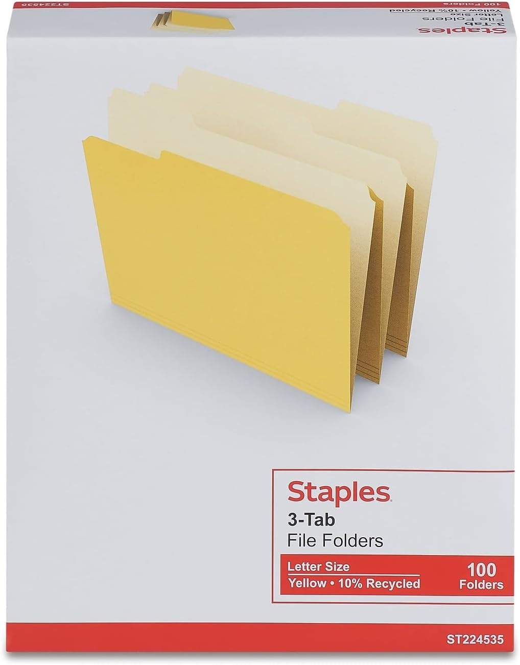 image:imageStaples File Folders Letter Size 13Cut Tabs Assorted Colors Durable 105Point Paper Stock 100PackYellow