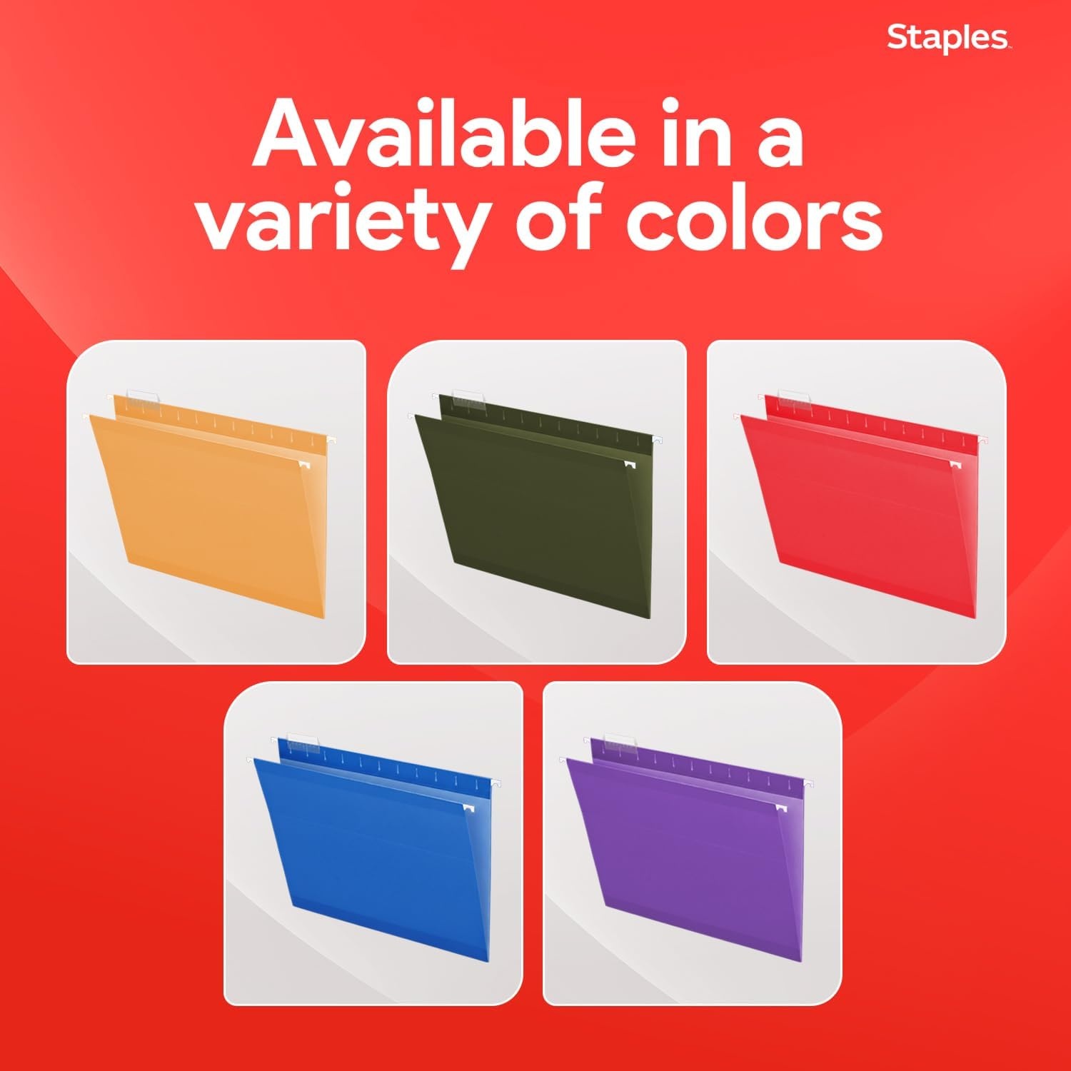 image:imageStaples Hanging File Folders Letter Size 15Cut Tabs Assorted Colors Adjustable Tabs with Paper Inserts  25Pack