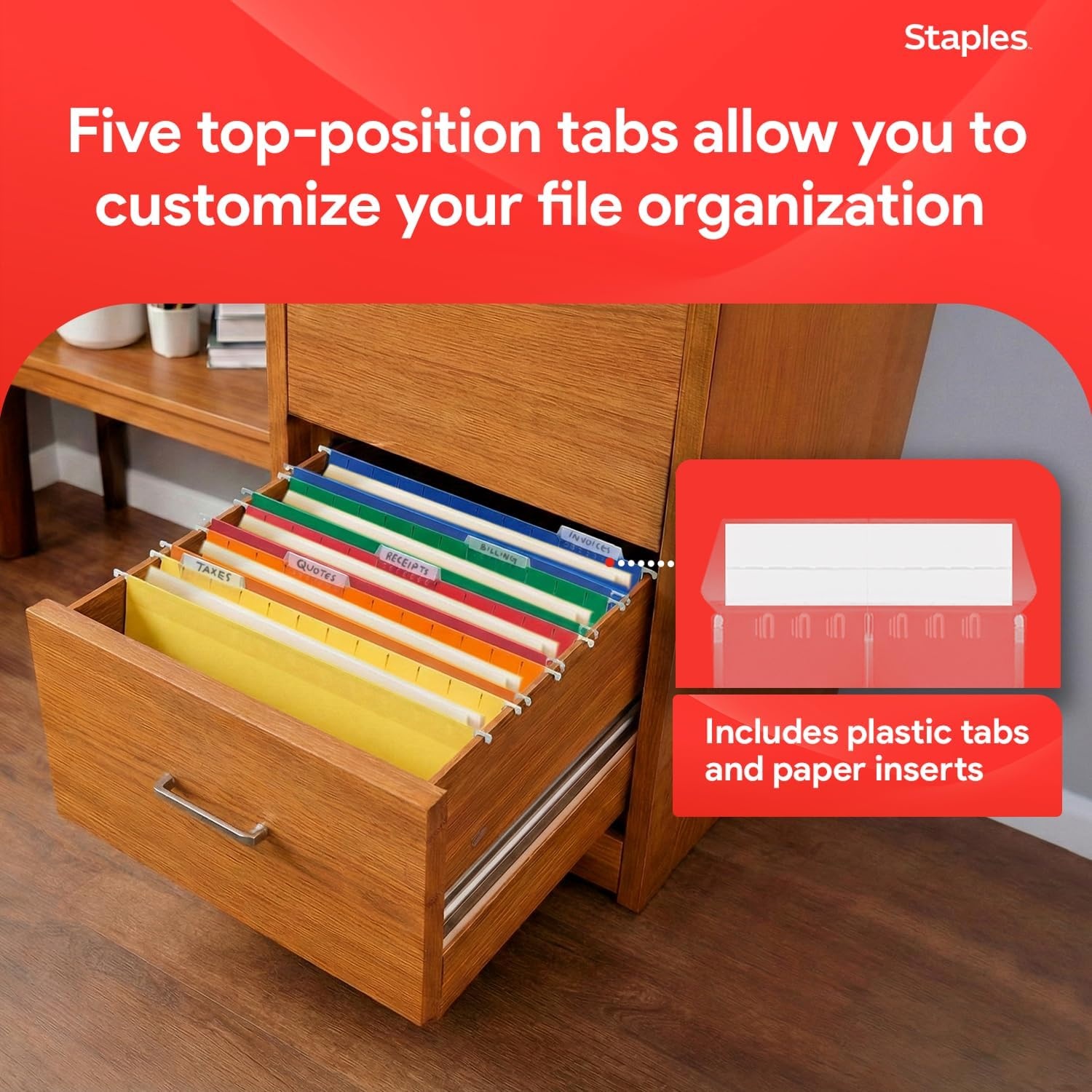 image:imageStaples Hanging File Folders Letter Size 15Cut Tabs Assorted Colors Adjustable Tabs with Paper Inserts  25Pack