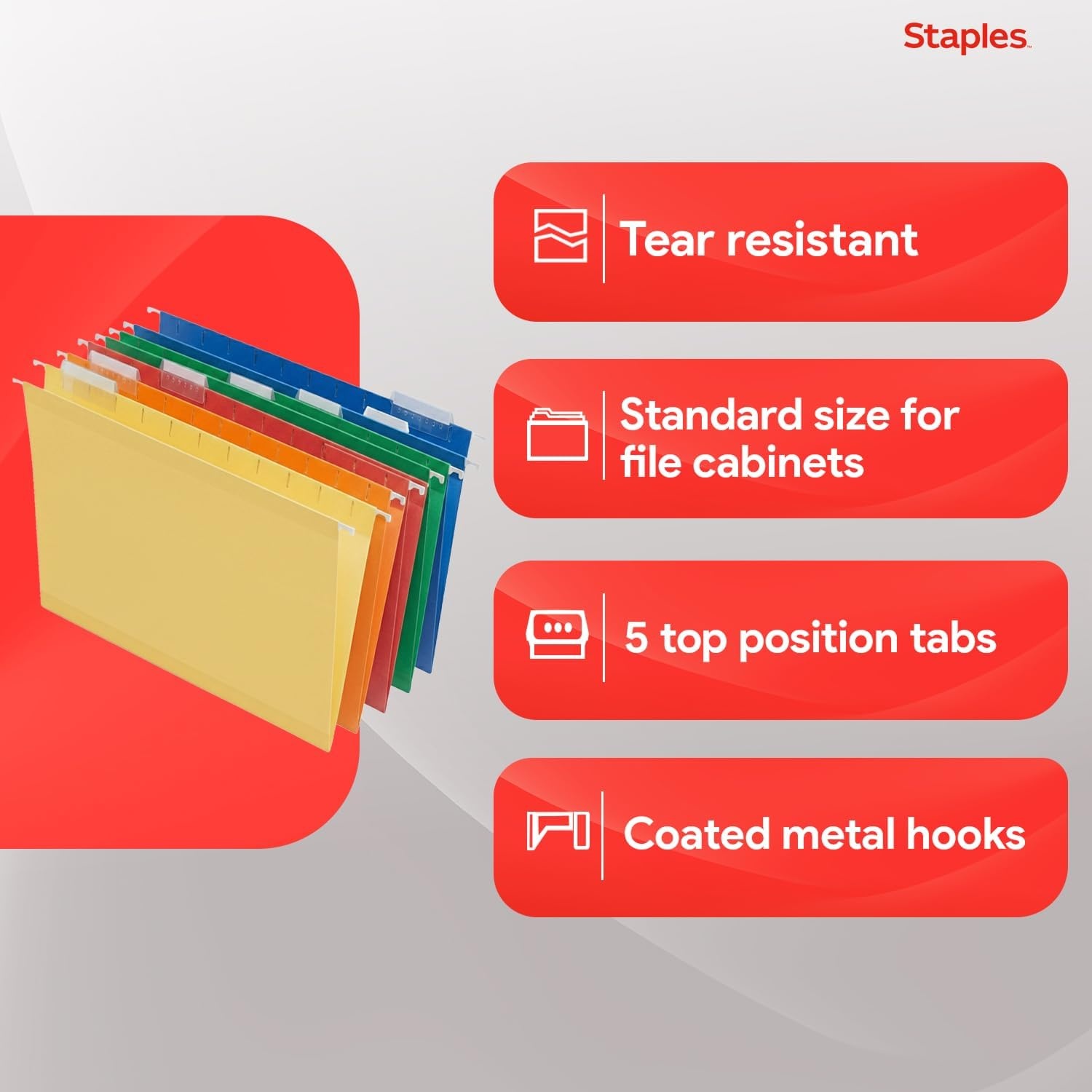 image:imageStaples Hanging File Folders Letter Size 15Cut Tabs Assorted Colors Adjustable Tabs with Paper Inserts  25Pack