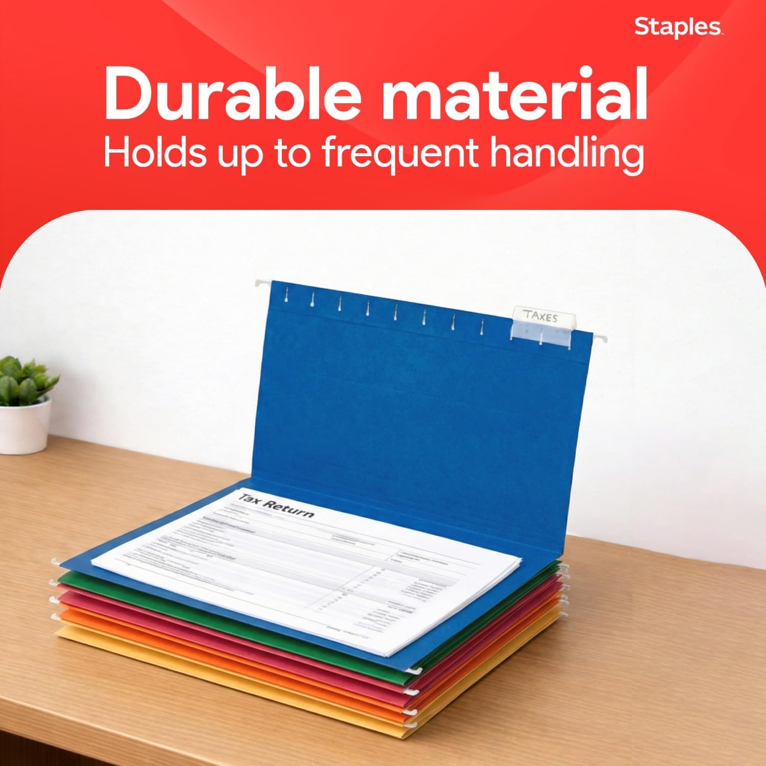 image:imageStaples Hanging File Folders Letter Size 15Cut Tabs Assorted Colors Adjustable Tabs with Paper Inserts  25Pack
