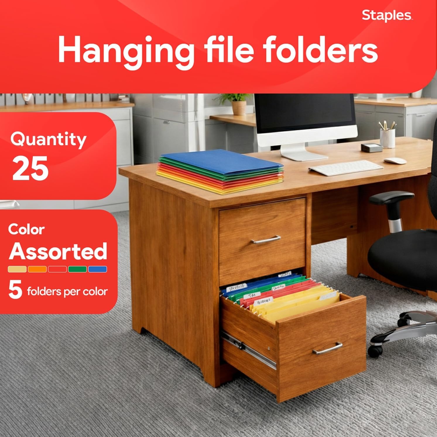 image:imageStaples Hanging File Folders Letter Size 15Cut Tabs Assorted Colors Adjustable Tabs with Paper Inserts  25Pack