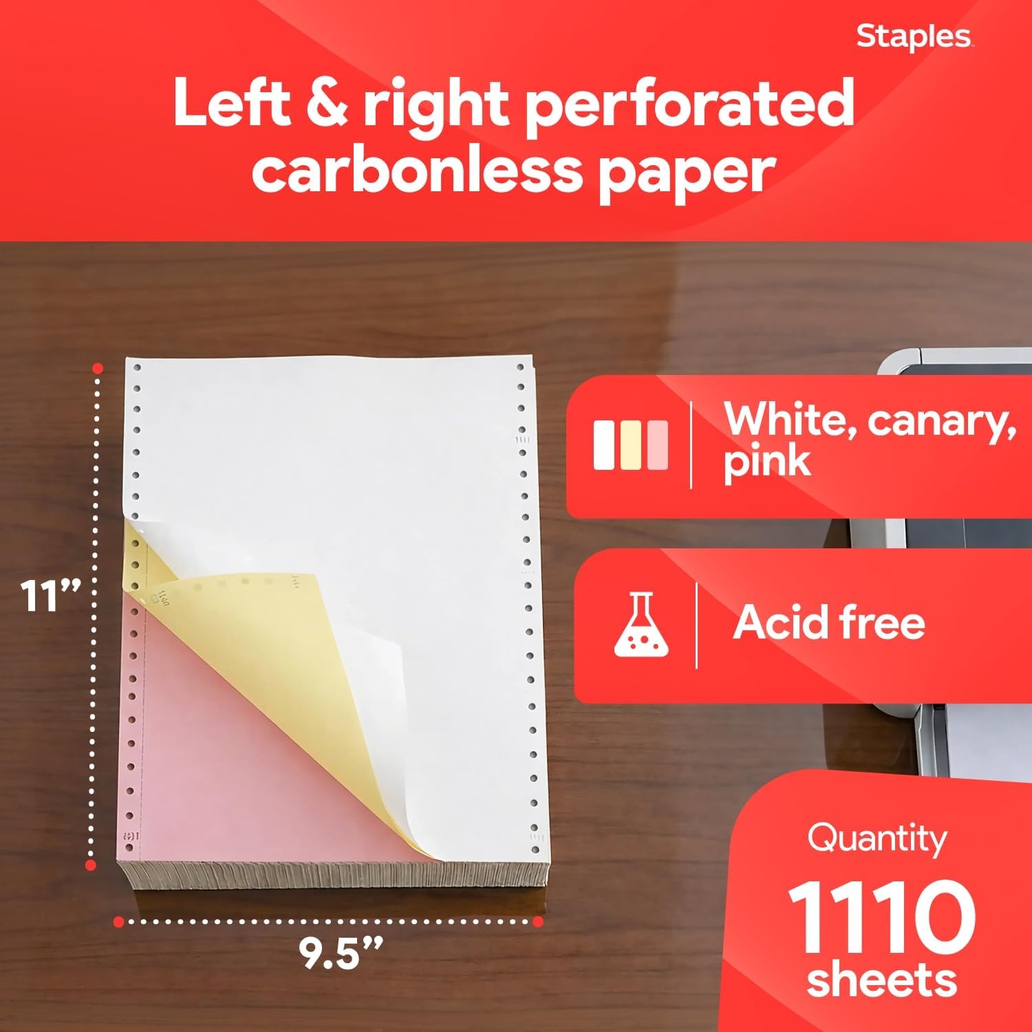 image:imageStaples MultiPart Colored Computer Paper 9 12 x 11 3Part Carbonless 1100 Sheets