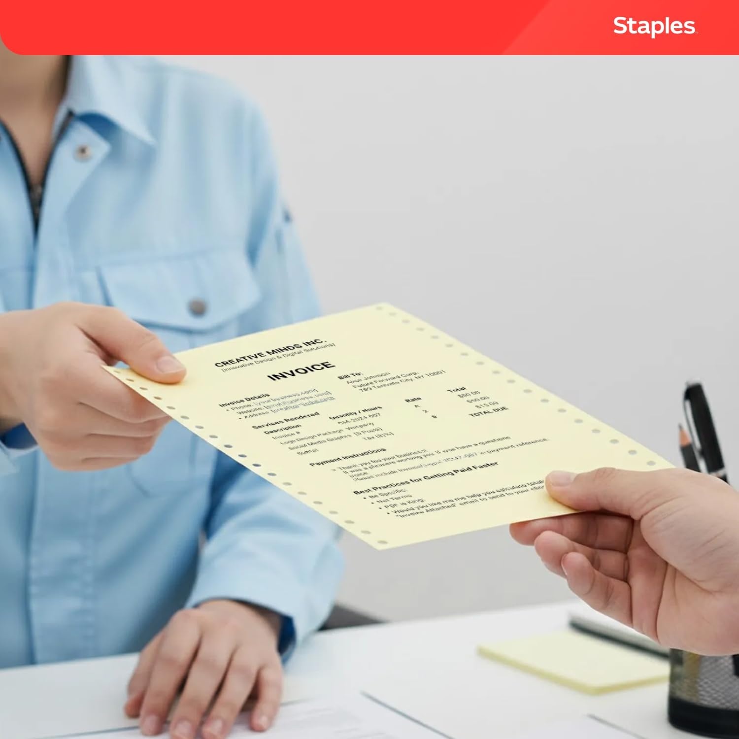 image:imageStaples MultiPart Colored Computer Paper 9 12 x 11 3Part Carbonless 1100 Sheets