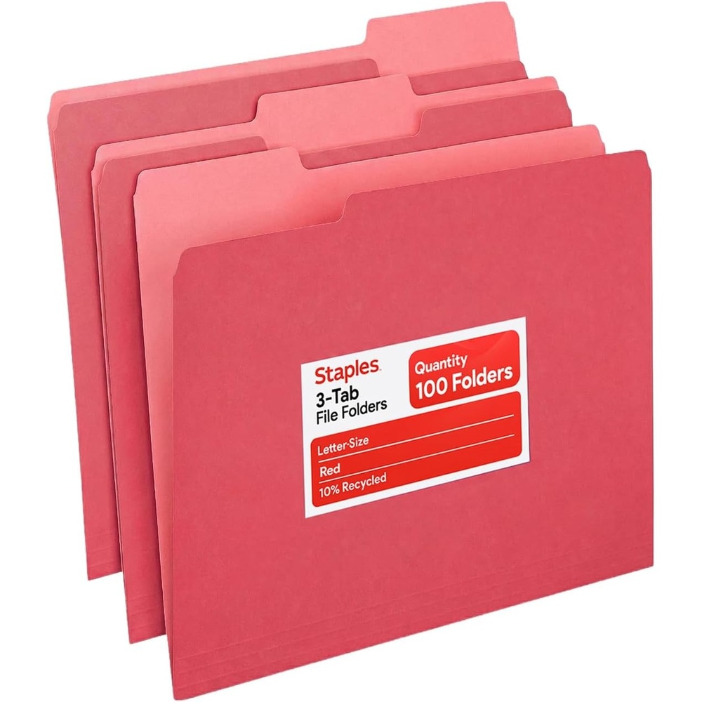 image:imageStaples File Folders Letter Size 13Cut Tabs Assorted Colors Durable 105Point Paper Stock 100PackRed