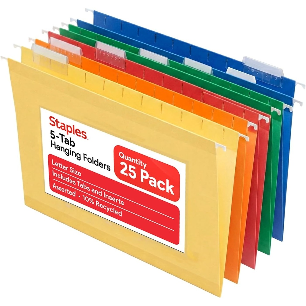 image:imageStaples Hanging File Folders Letter Size 15Cut Tabs Assorted Colors Adjustable Tabs with Paper Inserts  25Pack