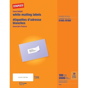 image:imageStaples 1 x 258 Address Labels White  EasyPeel Printable Laser amp Inkjet Mailing Labels 30 Labels per Sheet 100Pack3 000 Labels