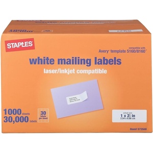 image:imageStaples 1 x 258 Address Labels White  EasyPeel Printable Laser amp Inkjet Mailing Labels 30 Labels per Sheet 100Pack30 000 Labels