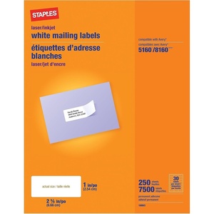 image:imageStaples 1 x 258 Address Labels White  EasyPeel Printable Laser amp Inkjet Mailing Labels 30 Labels per Sheet 100Pack37 500 Labels