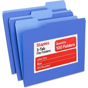 image:imageStaples File Folders Letter Size 13Cut Tabs Assorted Colors Durable 105Point Paper Stock 100PackBlue