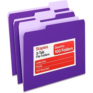 image:imageStaples File Folders Letter Size 13Cut Tabs Assorted Colors Durable 105Point Paper Stock 100PackPurple