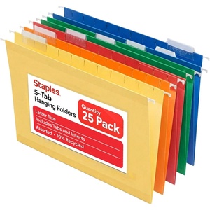 image:imageStaples Hanging File Folders Letter Size 15Cut Tabs Assorted Colors Adjustable Tabs with Paper Inserts  25Pack
