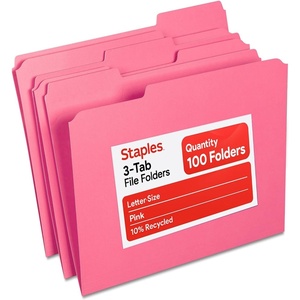 image:imageStaples Reinforced File Folders Letter Size 13Cut Tabs Assorted Colors HeavyDuty 105Point Stock 100BoxPink